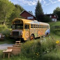 Converted School Bus Parked in a Secluded Meadow with Mural and Vegetable Garden