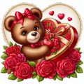 Romantic Bear: Chocolate Cake and Roses for Valentine's Day Royalty Free Stock Photo