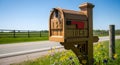 Rustic Charm: A Wooden Mailbox Adorned with Wildflowers Beside a Country Road Royalty Free Stock Photo