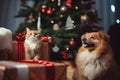 A charming image featuring pets interacting with Christmas gifts under the tree, portraying the inclusion of furry family members