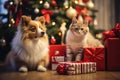 A charming image featuring pets interacting with Christmas gifts under the tree, portraying the inclusion of furry family members