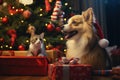 A charming image featuring pets interacting with Christmas gifts under the tree, portraying the inclusion of furry family members