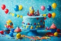 A charming image featuring a round kids\' birthday party cake with a delightful blue theme. Royalty Free Stock Photo