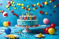 A charming image featuring a round kids\' birthday party cake with a delightful blue theme. Royalty Free Stock Photo