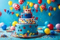 A charming image featuring a round kids\' birthday party cake with a delightful blue theme