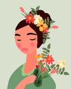 A charming image of a woman with a wreath of colorful wild flowers on her head. Perfect for spring cards and posters