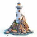 Charming Isolated Lighthouse on Rocky Island Surrounded by Calm Blue Sea Royalty Free Stock Photo