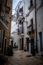 Charming Italian Balconies: White Buildings Adorned with Balconies in a Typical Polignano a Mare Street Royalty Free Stock Photo