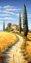 Charming Italianate Flair: Immersive Paintings Of Cypresses And Clouds Royalty Free Stock Photo