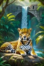 A charming jaguar relaxing sitting on a stone, in a jungle with waterfall, ancient stone bridge, plants, tree, bold painting art Royalty Free Stock Photo