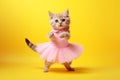 a charming kitten in a beautiful pink dress dancing on a yellow background,the concept of creative advertising with animals, ideas