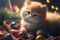 A charming kitten lies on the background of New Year's toys on a blurred background.