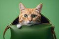 charming kitten peeks out of a green women& x27;s bag on a green background. Playground AI platform