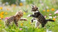 Charming kittens frolicking, playfully chasing butterflies amidst colorful flowers in a garden