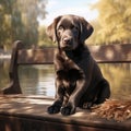 Charming labrador on a bench on the shore of ponds 1