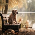 Charming labrador on a bench on the shore of ponds 2