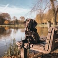 Charming labrador on a bench on the shore of ponds 3