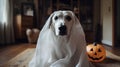 Charming Labrador dressed as a ghost at home. Halloween costume. Generative ai.