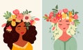 Charming lady with flowers in her hair, perfect for springtime cards and posters, banners, invitation. Vector