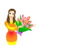 Charming Lady illustration with a buoqet of beautiful tulips. International Women`s Day