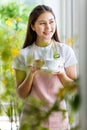 Charming lady long hair wear t-shirt pink stripe pattern apron holding coffee cup little smile stand absent-minded miss someone