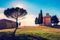 Charming landscape with chapel of Madonna di Vitaleta, San Quirico d `Orcia Val d `Orcia in Tuscany, Italy. Excellent tourist Royalty Free Stock Photo