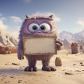 A charming lavender-furred monster with large, curious eyes, holding a blank aged sign in a deserted western town