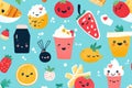 Charming light blue seamless pattern featuring adorable food icons and illustrations Royalty Free Stock Photo