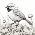 Charming Line Art Chickadee Standing On Moss