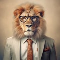 Charming Lion In Glasses And Tie: Digitally Manipulated Image