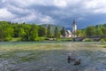 The charming little Church of St. John the Baptist on lake Bohinj, Julian Alps, the largest permanent lake in Slovenia. Beautiful Royalty Free Stock Photo