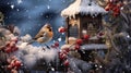 a charming little garden bird perched at a bird feeder, surrounded by a snowy garden landscape. The scene conveys the