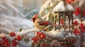 a charming little garden bird perched at a bird feeder, surrounded by a snowy garden landscape. The scene conveys the