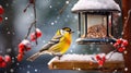 a charming little garden bird perched at a bird feeder, surrounded by a snowy garden landscape. The scene conveys the