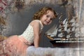 Charming little girl in elegant white with a pink dress sitting Royalty Free Stock Photo