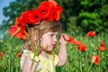 Charming little girl in a poppy field with a bouquet of poppies on her head Royalty Free Stock Photo