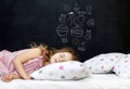 Charming little girl of preschool age sleeps in bed on a pillow with stars. Time to sleep. Drawing about the dreams of a