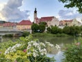 The charming little town of Frohnleiten on the Mur river in the district of Graz-Umgebung, Styria region, Austria. Selective focus Royalty Free Stock Photo