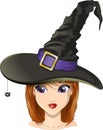 Charming little witch in black hat with spider isolated on white background