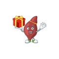 Charming liver mascot design has a red box of gift