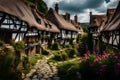 A charming, medieval village with thatched-roof cottages and a castle
