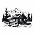Simplistic Vector Art Black And White Cabin And Mountains Print