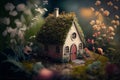 A charming miniature house amidst blooming garden flowers, captured in close-up with depth of field. Generative AI