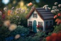 A charming miniature house amidst blooming garden flowers captured in close-up with depth of field. Generative AI