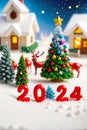 Festive 2024 Miniature, Merry Christmas Happy New Year in Winter Wonderland, AI Generated