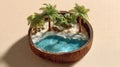 A charming miniature swimming pool crafted from a coconut shell, representing a tropical beach concept Royalty Free Stock Photo