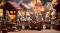 charming miniature village scene with gnome figurines busily cooking and working amidst quaint houses and lush greenery