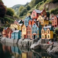 Charming model village with colorful houses and a waterfall