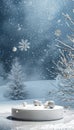 Charming modern podium design with minimalist snowflake decor in a serene winter setting Royalty Free Stock Photo