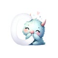 Charming Monster Embracing Letter 'C' in Pastel Watercolor - AI Generated Digital Art